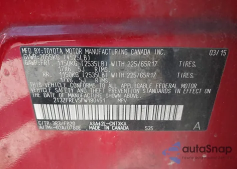 2015 Toyota Rav4 Le из США, поврежденный, VIN 2T3ZFREV5FW180451